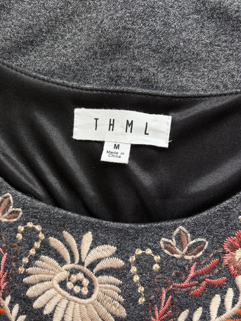 THML Charcoal Gray Embroidered Yoke Midi Dress with Navy Flared Sleeves Medium - Picture 2 of 8